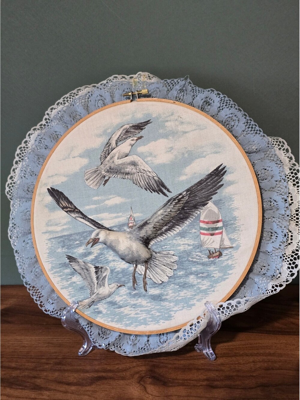 Vintage Seagull Crewel Embroidery Hoop Art with Lace Rim